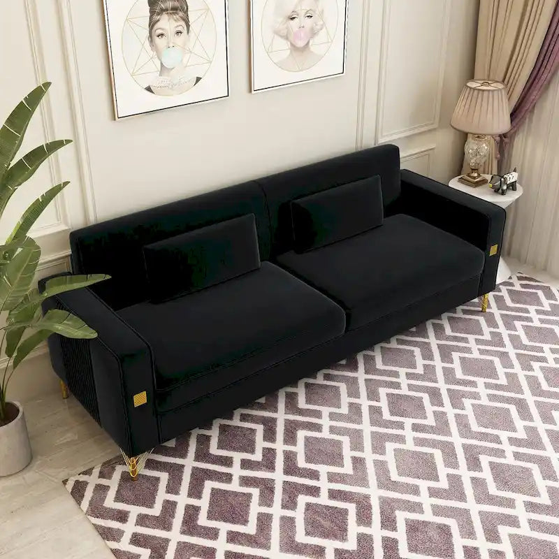 Canapé deux places moderne en velours capitonné avec coussins et oreillers amovibles - 85,63 po P x 30,31 po L x 30,51 po H