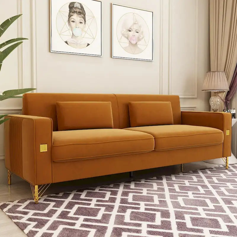 Canapé deux places moderne en velours capitonné avec coussins et oreillers amovibles - 85,63 po P x 30,31 po L x 30,51 po H