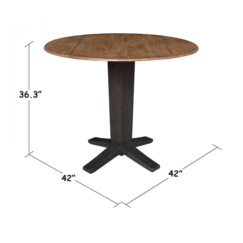 Table à manger piédestal de hauteur comptoir en bois massif de 42 po, à double abattant rond