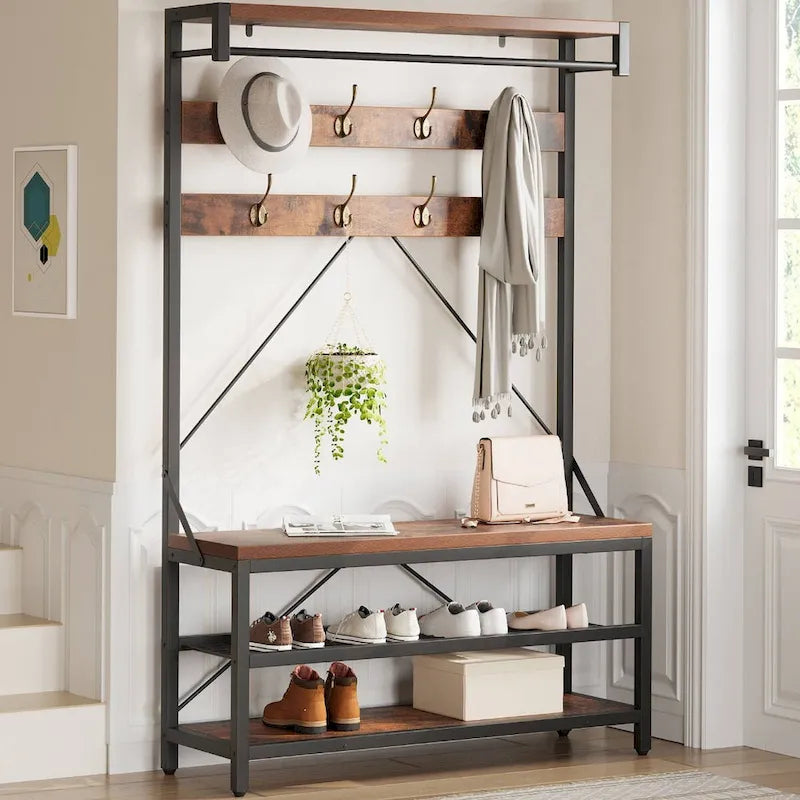 Banc à chaussures moderne avec porte-manteau, étagères de rangement