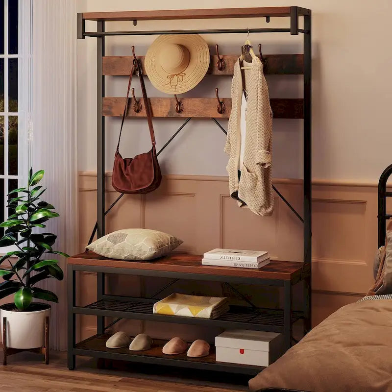 Banc à chaussures moderne avec porte-manteau, étagères de rangement