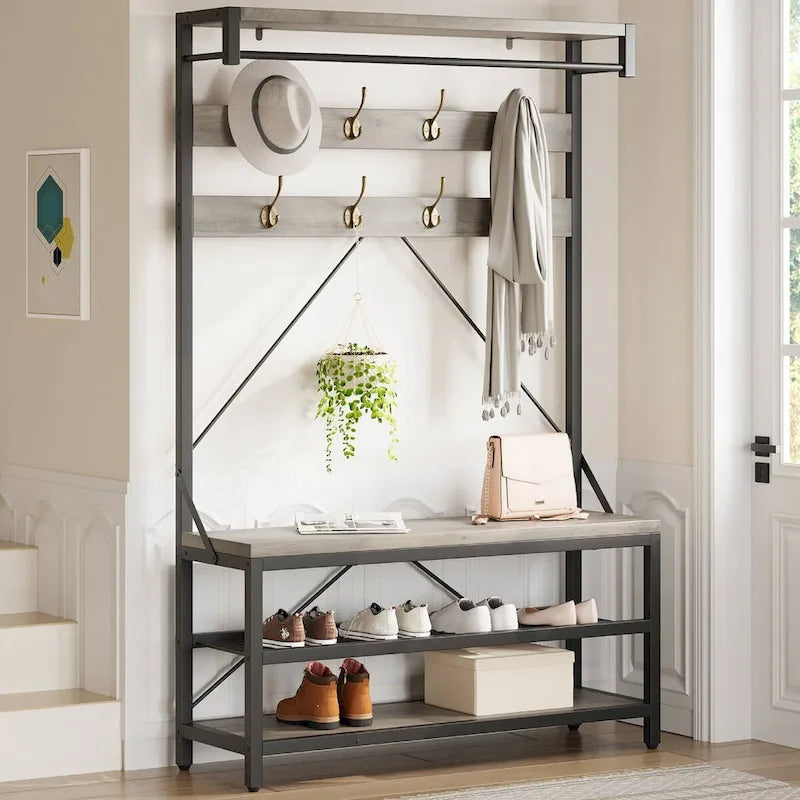 Banc à chaussures moderne avec porte-manteau, étagères de rangement