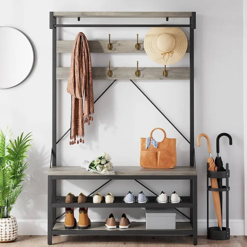 Banc à chaussures moderne avec porte-manteau, étagères de rangement