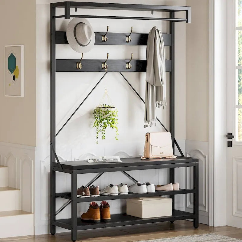Banc à chaussures moderne avec porte-manteau, étagères de rangement