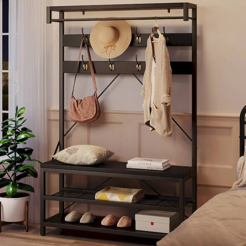 Banc à chaussures moderne avec porte-manteau, étagères de rangement