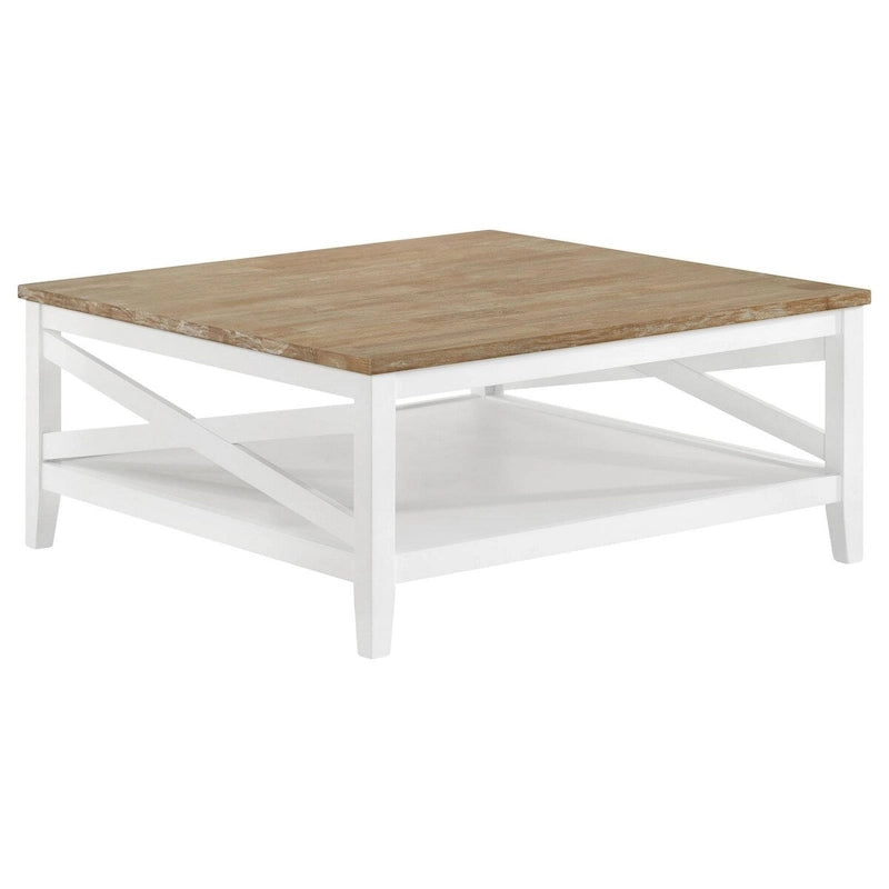 Table basse de 99 cm, plateau en bois brossé rustique, marron et blanc