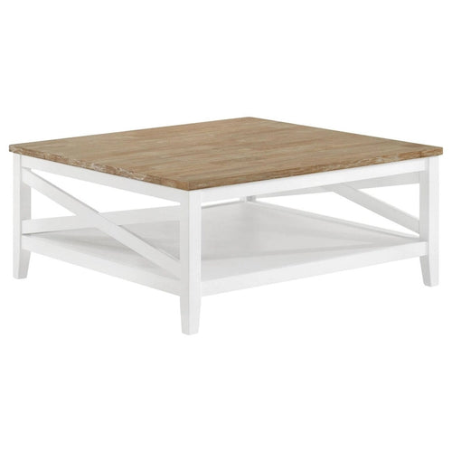 Table basse de 99 cm, plateau en bois brossé rustique, marron et blanc