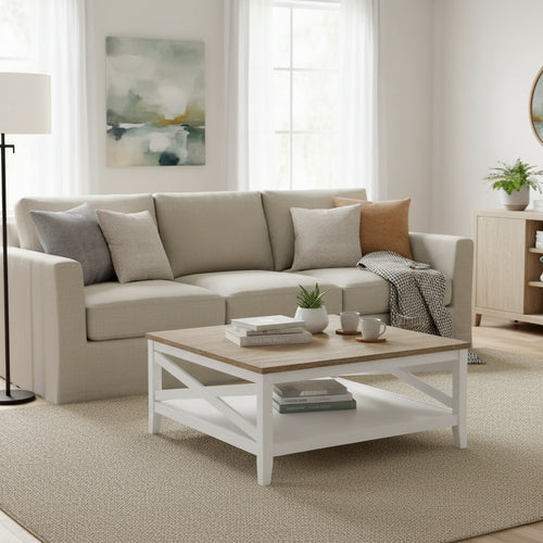 Maise 39 Inch Coffee Table, Rustic Wire Brushed Wood Top, Brown and White